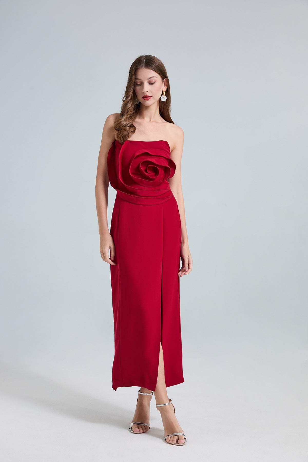 Strapless 3D Rose Maxi Dress – Red